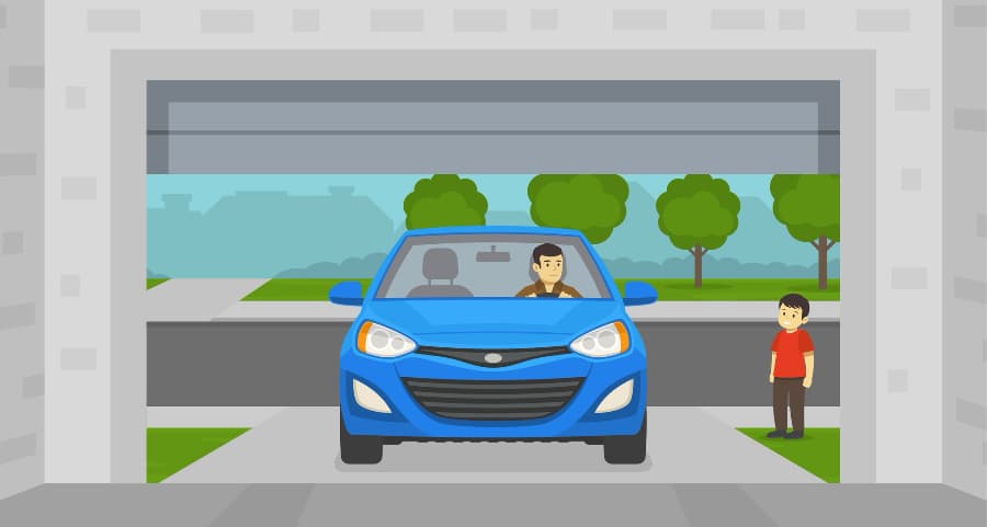 Illustration of a resident driving into the garage with a child looking on.